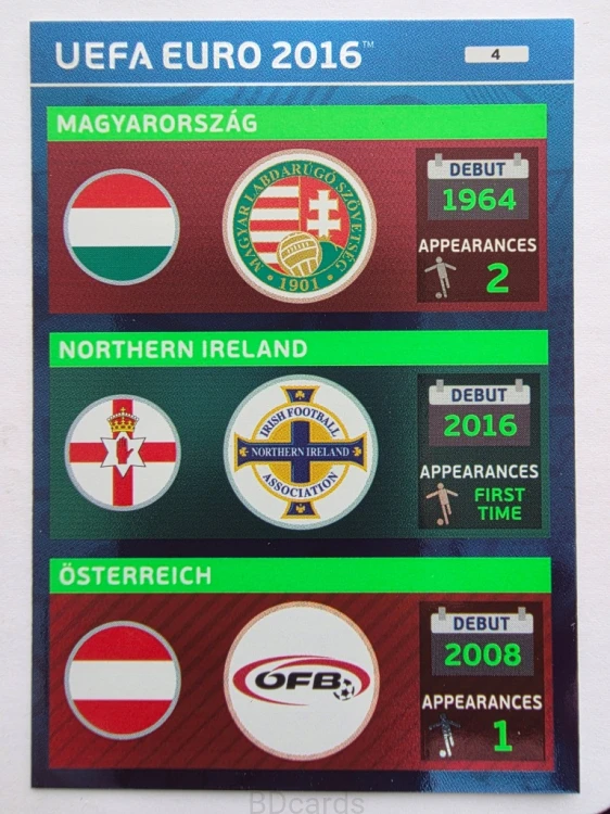 2016 Panini Euro Węgry Irlandiia Austria Nr 4 /O1