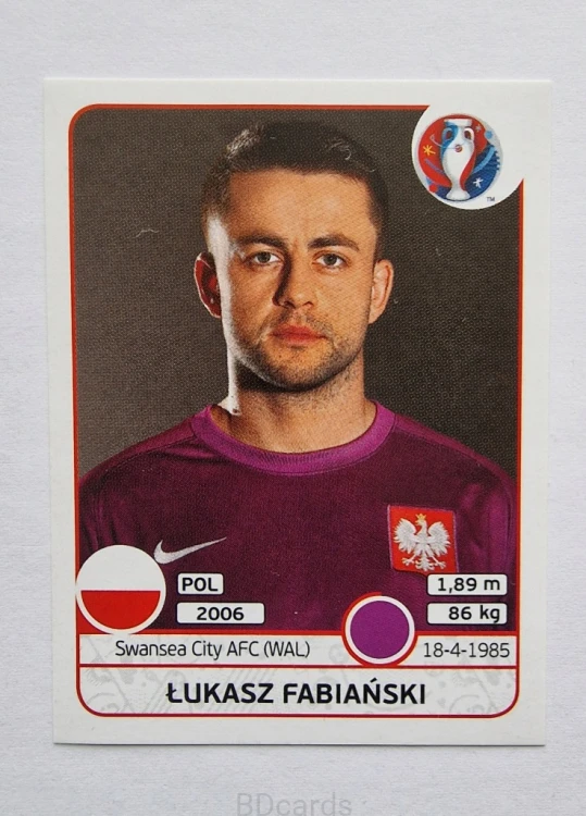 2016 Panini Euro Łukasz Fabiański Polska /B